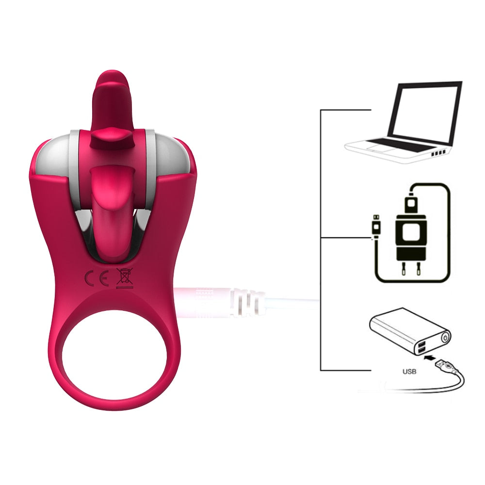 Rotation Oral Tongue Licking Penis Vibrating Ring G-spot Massager - Lusty Age